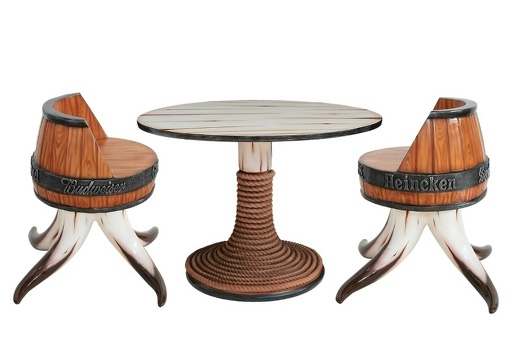 JJ383 2 BULL HORN BARREL CHAIRS BULL HORN TABLE TOP WITH ROPE