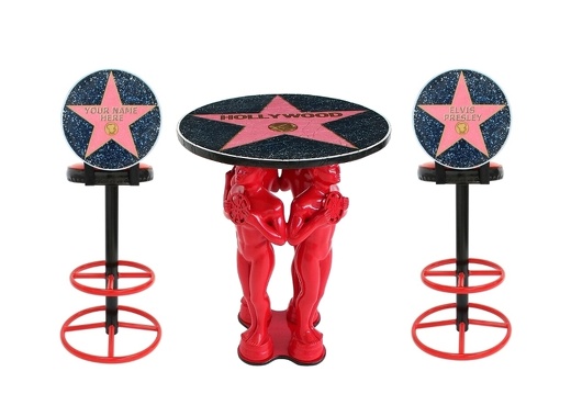 JJ411 HOLLYWOOD MOSAIC TABLE 4 RED OSCAR STATUES 2 HOLLYWOOD MOSAIC CHAIRS