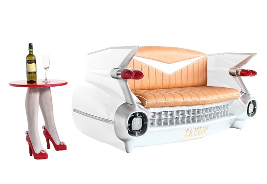 JBCR076 WHITE VINTAGE CADILLAC CAR SOFA WITH MAGAZINES ACCESSORIES RACK 1