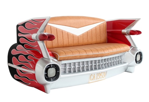 JBCR094 RED VINTAGE CADILLAC CAR SOFA WITH BLACK WHITES FLAMES