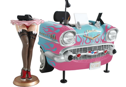 JBCR150 VINTAGE CHEVY BEL AIR TURQUOISE CAR DESK PINK FLAMES FULLY FUNCTIONAL 1
