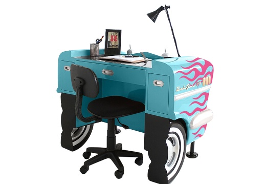 JBCR150 VINTAGE CHEVY BEL AIR TURQUOISE CAR DESK PINK FLAMES FULLY FUNCTIONAL 3