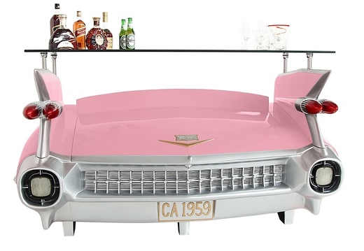 JBCR253 PINK VINTAGE 1959 CADILLAC CAR BAR WITH OPENING STORAGE BOOT LIGHT BLUE FLAMES 1
