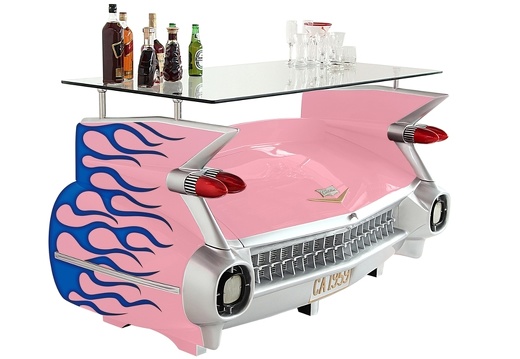 JBCR253 PINK VINTAGE 1959 CADILLAC CAR BAR WITH OPENING STORAGE BOOT LIGHT BLUE FLAMES 2