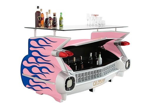JBCR253 PINK VINTAGE 1959 CADILLAC CAR BAR WITH OPENING STORAGE BOOT LIGHT BLUE FLAMES 3