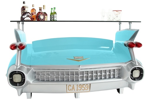 JBCR260 TURQUOISE VINTAGE 1959 CADILLAC CAR BAR WITH OPENING STORAGE BOOT PINK FLAMES 1