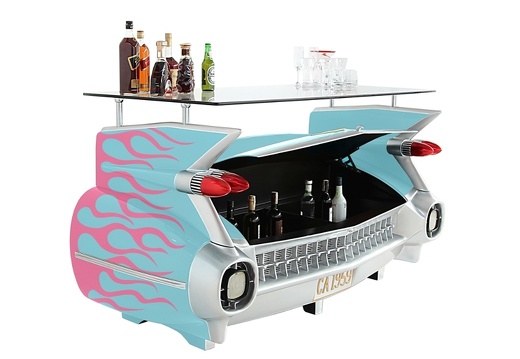 JBCR260 TURQUOISE VINTAGE 1959 CADILLAC CAR BAR WITH OPENING STORAGE BOOT PINK FLAMES 3