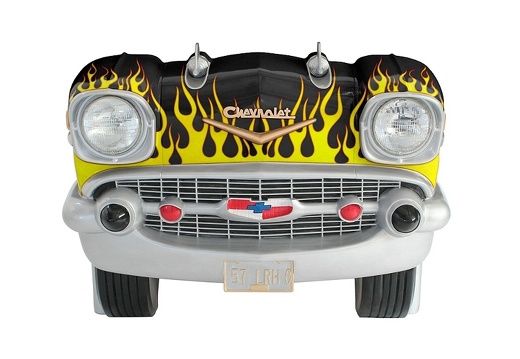 JJ1279 BLACK 57 CHEVY VINTAGE CAR AMERICAN DINNERS SEAT YELLOW FLAMES 1