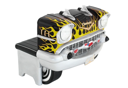JJ1279 BLACK 57 CHEVY VINTAGE CAR AMERICAN DINNERS SEAT YELLOW FLAMES 2