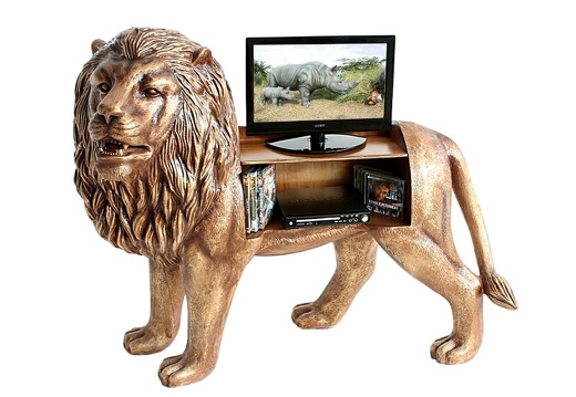 JBA227 MALE LION GOLD EFFECT TV MONITOR VIDEO SOUND SYSTEM STAND