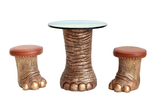 JBF125 LARGE GOLD ELEPHANTS FOOT TABLE WITH FOOT STOOLS WITH BROWN UPHOLSTERY