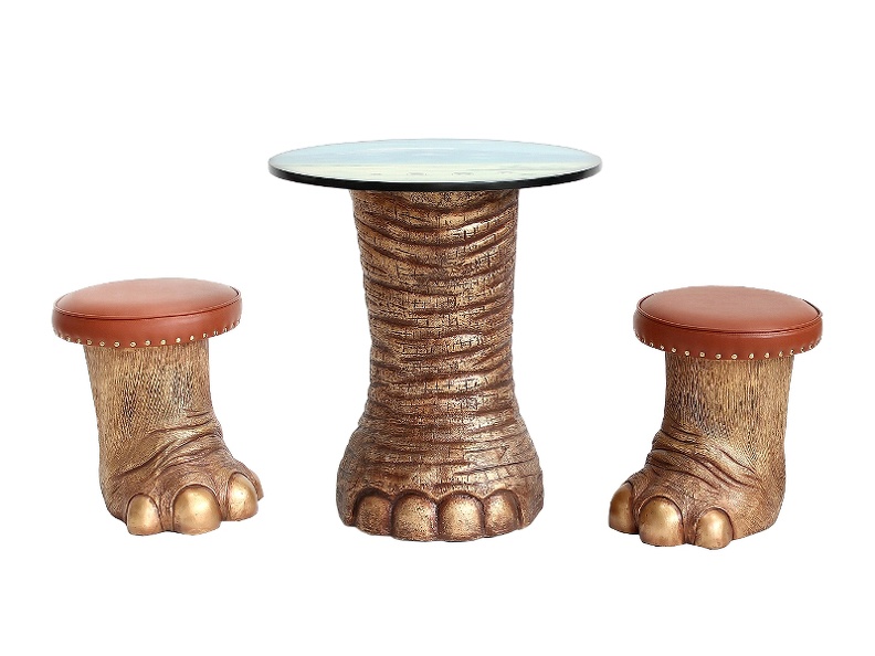 JBF125_LARGE_GOLD_ELEPHANTS_FOOT_TABLE_WITH_FOOT_STOOLS_WITH_BROWN_UPHOLSTERY.JPG