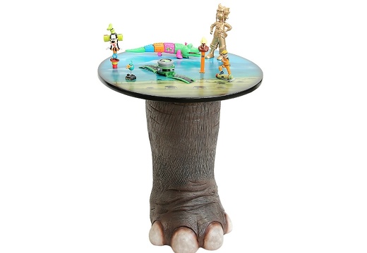 JBF178 LARGE ELEPHANTS FOOT TABLE WITH PAINTED JUNGLE SCENE TABLE TOP 1