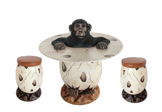 JJ1417 MALE MONKEY CLIMBING OUT OF A EGG TABLE 2 EGG STOOLS