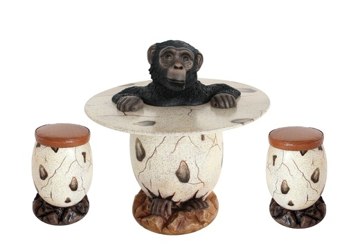JJ1440 MALE MONKEY CLIMBING OUT OF A EGG TABLE 2 EGG STOOLS