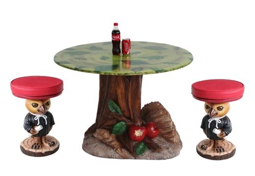 JJ1999 TREE TRUNK WITH APPLES TABLE 2 FUNNY OWL TEACHER STOOLS