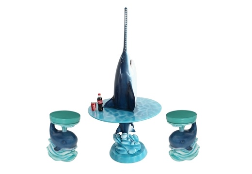 JJ441 LONGNOSE SAWSHARK TABLE WITH WAVE BASE WAVE TABLE TOP 2 WHALE STOOLS