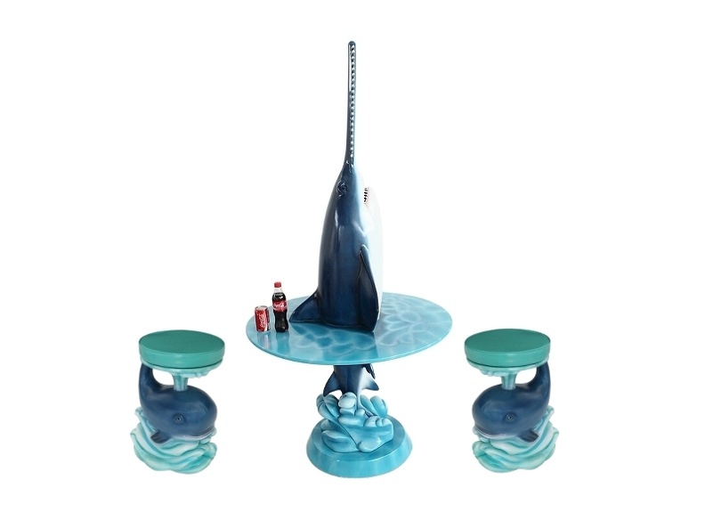 JJ441_LONGNOSE_SAWSHARK_TABLE_WITH_WAVE_BASE_WAVE_TABLE_TOP_2_WHALE_STOOLS.JPG