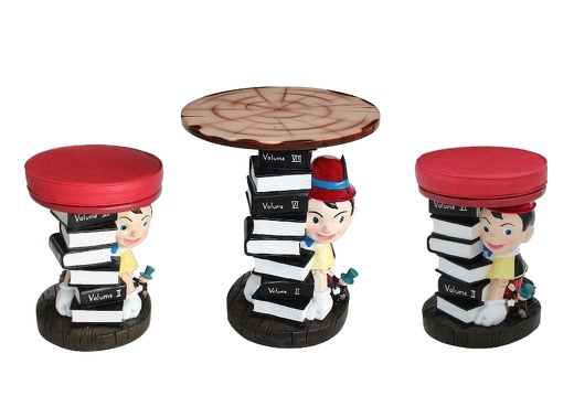 JJ637TT 2 X PINOCCHIO WITH SCHOOL BOOKS STOOL WOOD EFFECT TOP TABLE SMALL