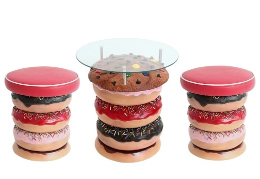 JBTH433 DELICIOUS LOOKING DOUGHNUT COOKIE TABLE 2 PINK RED BROWN CHOCOLATE DOUGHNUT STOOLS