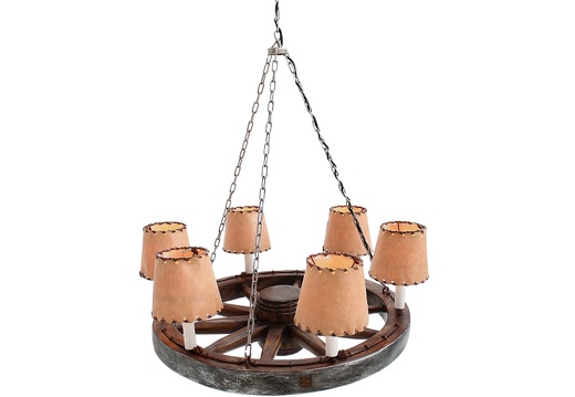 JBF060 ANTIQUE WAGON WHEEL CHANDELIER WITH 6 LAMPS LEATHER LAMPSHADES 1