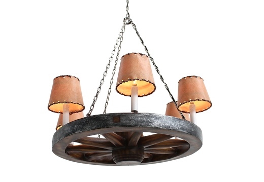 JBF060 ANTIQUE WAGON WHEEL CHANDELIER WITH 6 LAMPS LEATHER LAMPSHADES 2