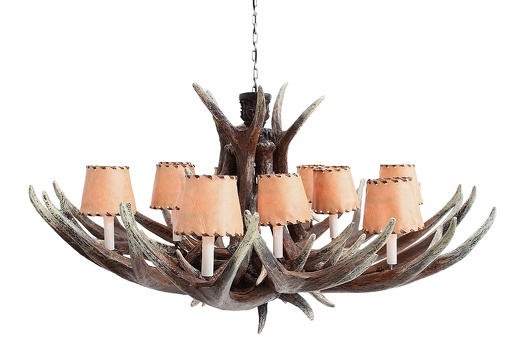 JBF069 ANTLER HORN CHANDELIER WITH 10 LAMPS LEATHER LAMPSHADES