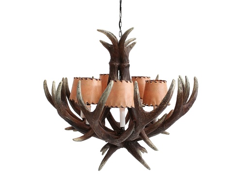JBF105 ANTLER HORN CHANDELIER WITH 6 LAMPS LEATHER LAMPSHADES 1