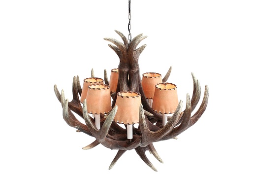 JBF105 ANTLER HORN CHANDELIER WITH 6 LAMPS LEATHER LAMPSHADES 2