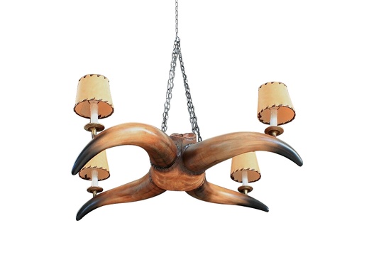 JJ106 OLD BULL HORN CHANDELIER 4 CANDLE LAMPS LEATHER LIGHT SHADES