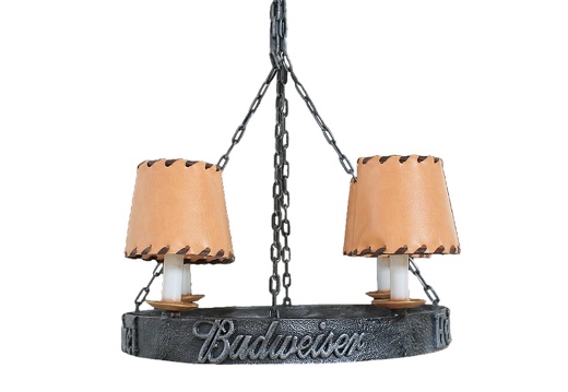 JJ118 WROUGHT IRON EFFECT CHANDELIER 4 CANDLE LAMPS LEATHER LIGHT SHADES BUDWEISER