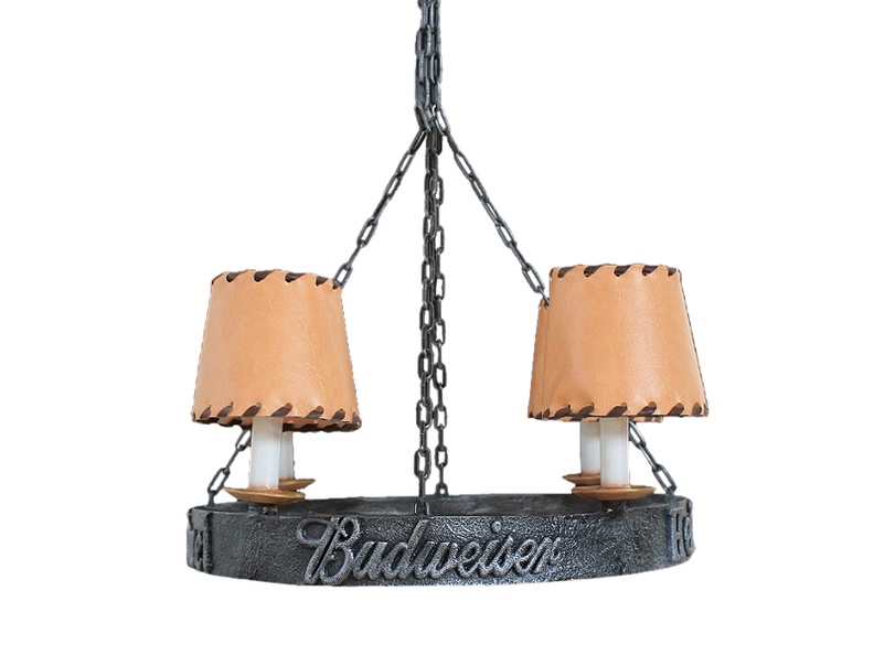 JJ118_WROUGHT_IRON_EFFECT_CHANDELIER_4_CANDLE_LAMPS_LEATHER_LIGHT_SHADES_BUDWEISER.JPG