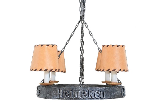 JJ120 WROUGHT IRON EFFECT CHANDELIER 4 CANDLE LAMPS LEATHER LIGHT SHADES HEINEKEN