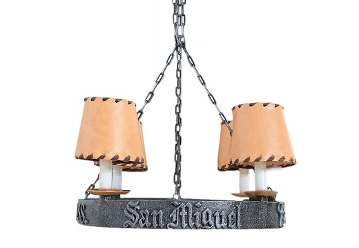 JJ121 WROUGHT IRON EFFECT CHANDELIER 4 CANDLE LAMPS LEATHER LIGHT SHADES SAN MIGUEL