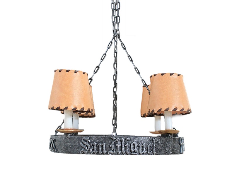 JJ121_WROUGHT_IRON_EFFECT_CHANDELIER_4_CANDLE_LAMPS_LEATHER_LIGHT_SHADES_SAN_MIGUEL.JPG
