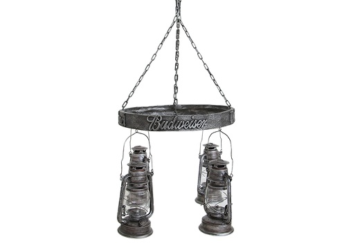 JJ122 WROUGHT IRON EFFECT CHANDELIER 4 VINTAGE LAMPS BUDWEISER
