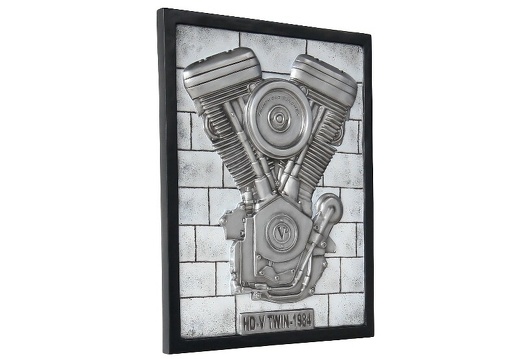 N6237 3D EMBOSSED V-TWIN ENGINE ON SILVER BRICK EFFECT WALL MOUNTED 3