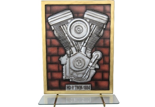 N6238 3D EMBOSSED V-TWIN ENGINE ON RED BRICK EFFECT WALL MOUNTED GLASS SHELF 1