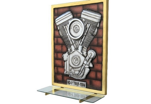 N6238 3D EMBOSSED V-TWIN ENGINE ON RED BRICK EFFECT WALL MOUNTED GLASS SHELF 2
