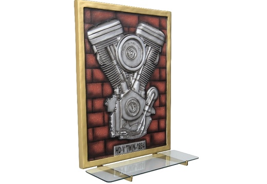 N6238 3D EMBOSSED V-TWIN ENGINE ON RED BRICK EFFECT WALL MOUNTED GLASS SHELF 3
