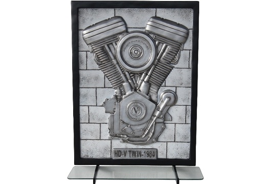N6239 3D EMBOSSED V-TWIN ENGINE ON SILVER BRICK EFFECT WALL MOUNTED GLASS SHELF 1