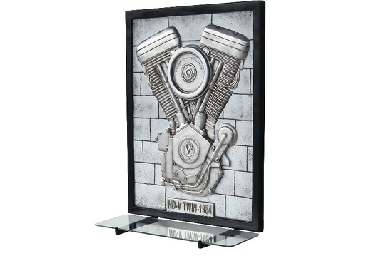 N6239 3D EMBOSSED V-TWIN ENGINE ON SILVER BRICK EFFECT WALL MOUNTED GLASS SHELF 2