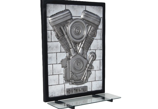 N6239 3D EMBOSSED V-TWIN ENGINE ON SILVER BRICK EFFECT WALL MOUNTED GLASS SHELF 3