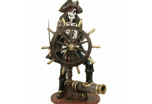 JBP009 LIFE SIZE JACK SPARROW SKELETON PIRATE WITH CANNON SHIPS WHEEL