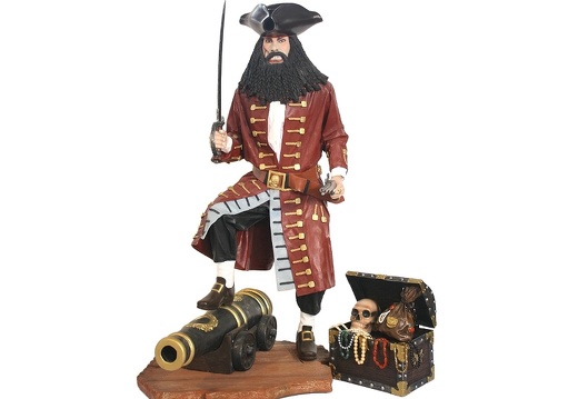 JBP016A LIFE SIZE BLACK BEARD PIRATE STANDING ON SHIPS CANNON TREASURE CHEST