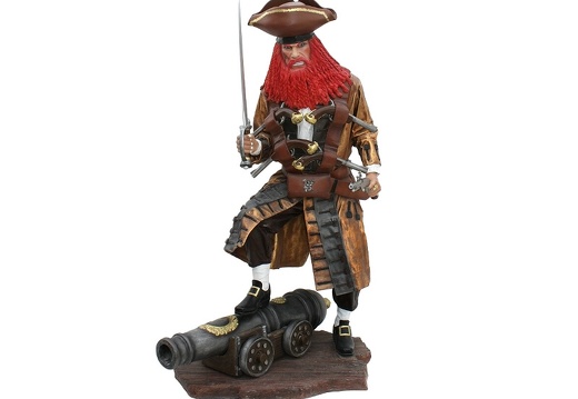 JBP021 LIFE SIZE FAMOUS RED BEARD PIRATE STANDING ON CANNON WITH SWORD