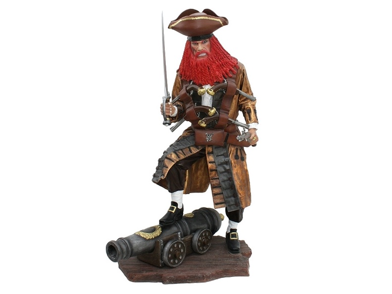 JBP021_LIFE_SIZE_FAMOUS_RED_BEARD_PIRATE_STANDING_ON_CANNON_WITH_SWORD.JPG
