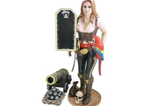 JBP074 LIFE SIZE ANNE BONNY LADY PIRATE WITH ADVERTISING BOARD LIFE SIZE PARROT LIFE SIZE CANNON