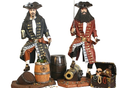 JBP084 LIFE SIZE BLACK BEARD PIRATE LIFE SIZE JACK SPARROW PIRATE STANDING TOGETHER