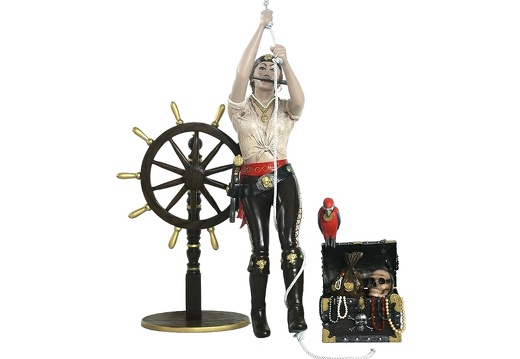 JBP105 LIFE SIZE LADY PIRATE CLIMBING A ROPE LIFE SIZE SHIPS WHEEL TREASURE CHEST 1